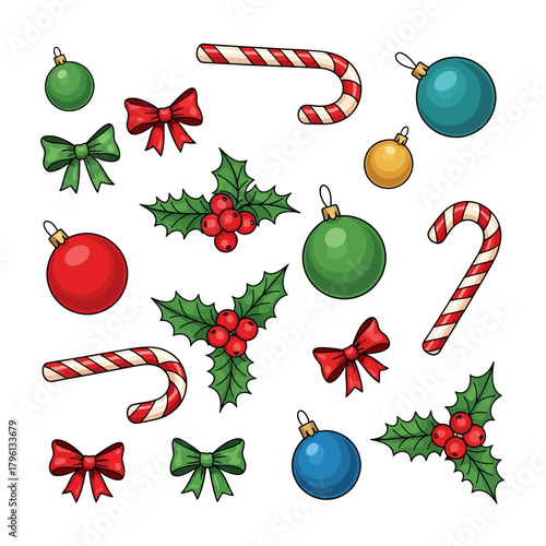 Stylized flat lay arrangement of Christmas doodle elements, candy canes, and holly berries.