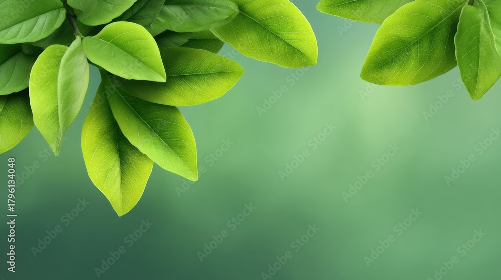 Obraz premium Fresh Green Leaves against a Soft Blurred Background, Perfect for Nature Themes, Summer Vibes, Eco-Friendly Concepts, and Organic Products Display