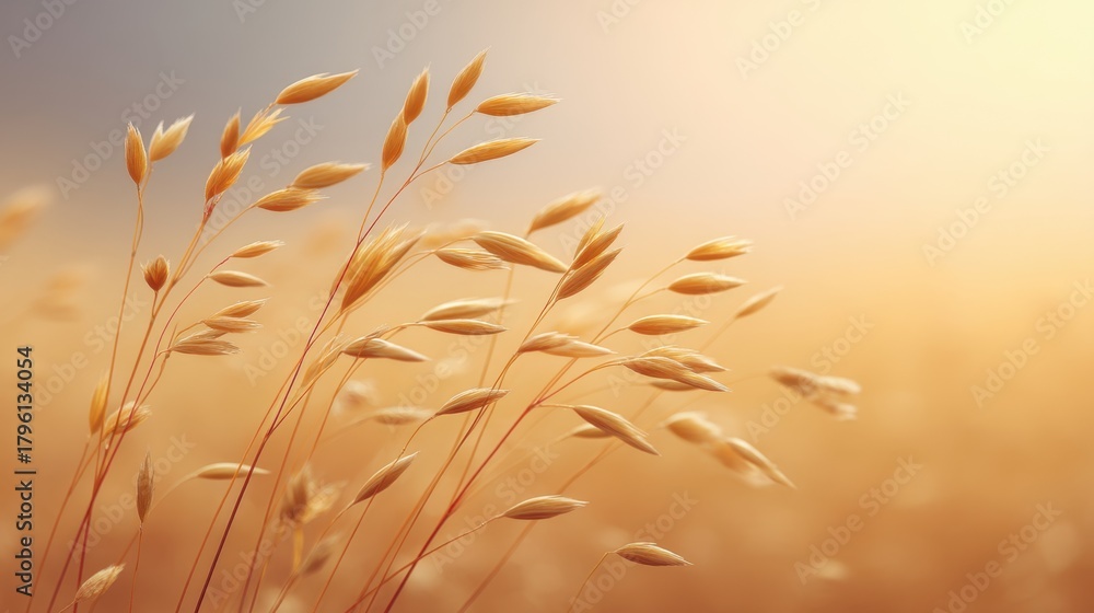 Naklejka premium Golden Grass Blades Gently Swaying in Warm Light During a Tranquil Sunset Emphasizing Nature's Beauty and Serenity in an Outdoor Landscape Setting