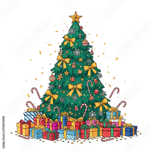 Festive Christmas Tree Display, Doodle Ornaments, Golden Confetti, and Wrapped Presents.