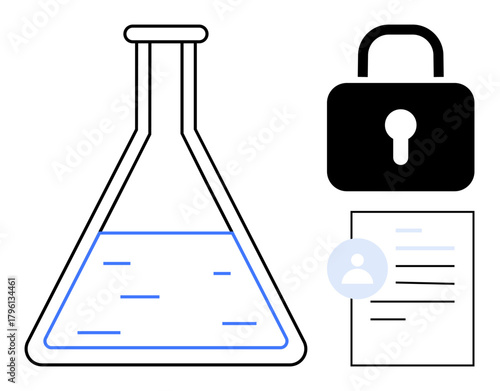 Laboratory flask, secure lock, and document with user profile. Ideal for research, data protection, innovation, compliance, privacy scientific research security. Clean simple flat metaphor