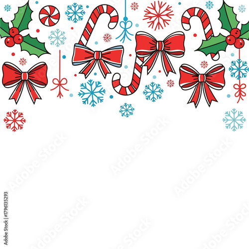 A vibrant horizontal border composition featuring interconnected festive Christmas elements, including candy canes, holly berries, and modern bows, cascading snowflakes.