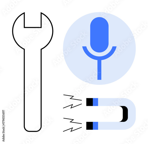 Wrench, microphone, and magnet with lines. Ideal for technology, innovation, communication, engineering, audio tools, magnetic power futuristic solutions in a simple flat metaphor