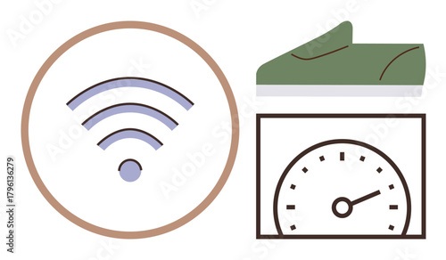 wireless signal icon, green sneaker, and analog speedometer illustrate digital connectivity, performance measurement, and active lifestyle. Ideal for health, tech, travel, fitness sports