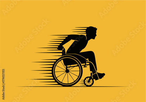 Silhouette of a wheelchair user with motion blur effect on a yellow background, sports concept