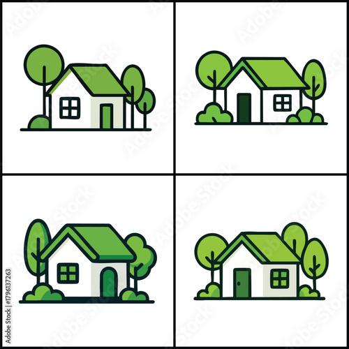 Green houses with trees and bushes