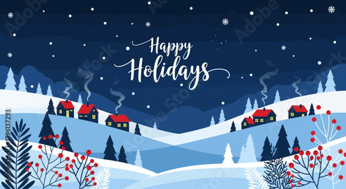 Happy Holidays Winter Village Banner: Festive Snowy Night Landscape Vector Illustration
