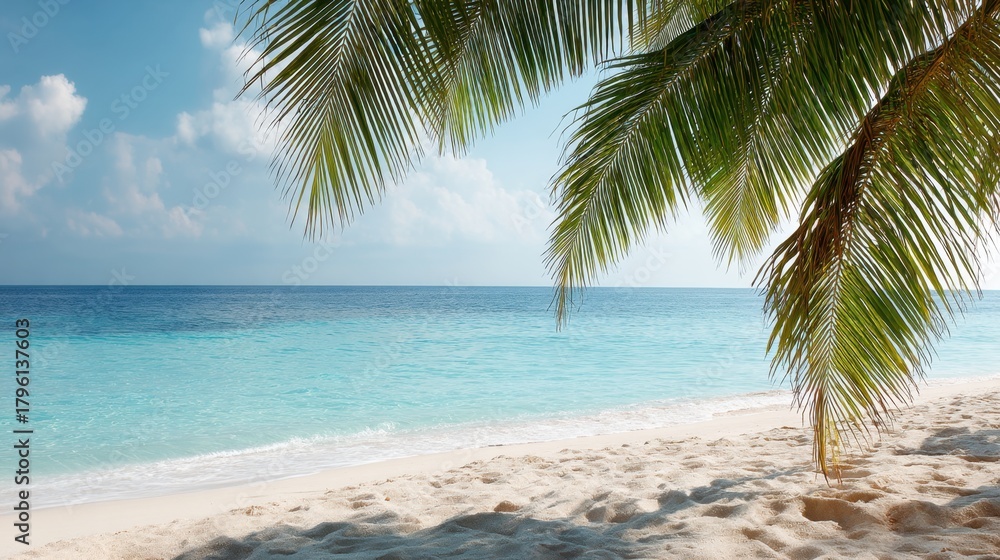 Fototapeta premium Serene Tropical Beach Scene with Palm Leaves Overlooking Calm Ocean Waters and Clear Blue Sky Illuminated by Soft Sunlight in Coastal Paradise
