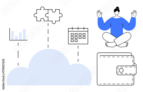 Graph bar chart, calendar, puzzle, and wallet connected via cloud person meditating. Ideal for organization, productivity, technology, finance, planning balance well-being in simple flat metaphor