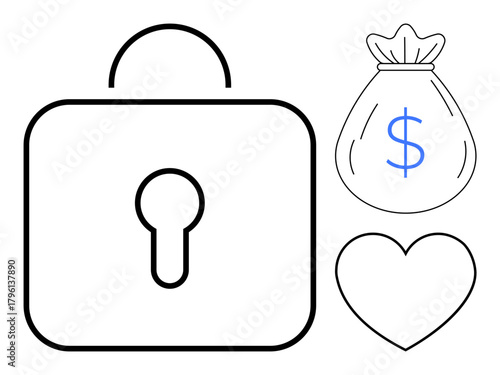 Lock alongside money bag with dollar sign and heart symbolizing security, wealth, and personal values. Ideal for finance, cybersecurity, safety, trust, love, priorities simple flat metaphor