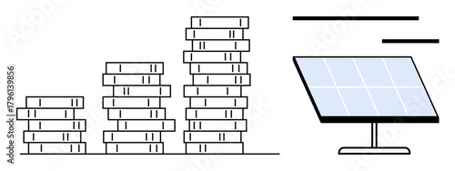 Stacks of coins increasing in height signify financial growth alongside a solar panel for clean energy. Ideal for sustainability, eco-finance, technology, environment, innovation, renewable energy