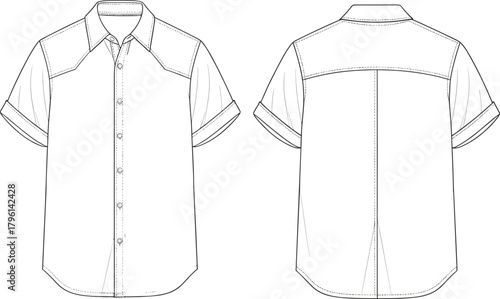 Short sleeve casual shirt technical flat sketch front and back view, summer fashion apparel design template, vector clothing illustration for designers