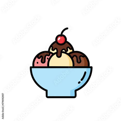 Cartoon Ice Cream Sundae with Chocolate Drizzle and Cherry Topping in a Blue Bowl