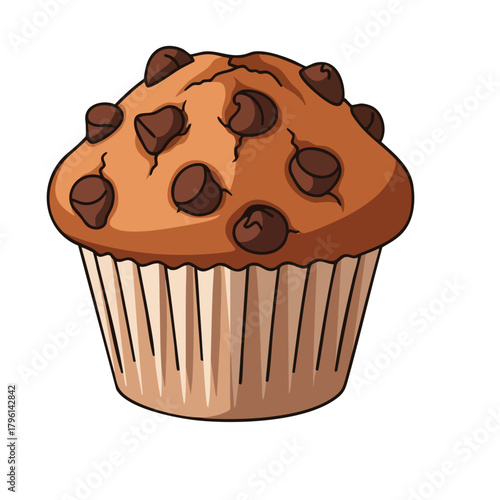 Cartoon chocolate chip muffin with paper liner and detailed shading