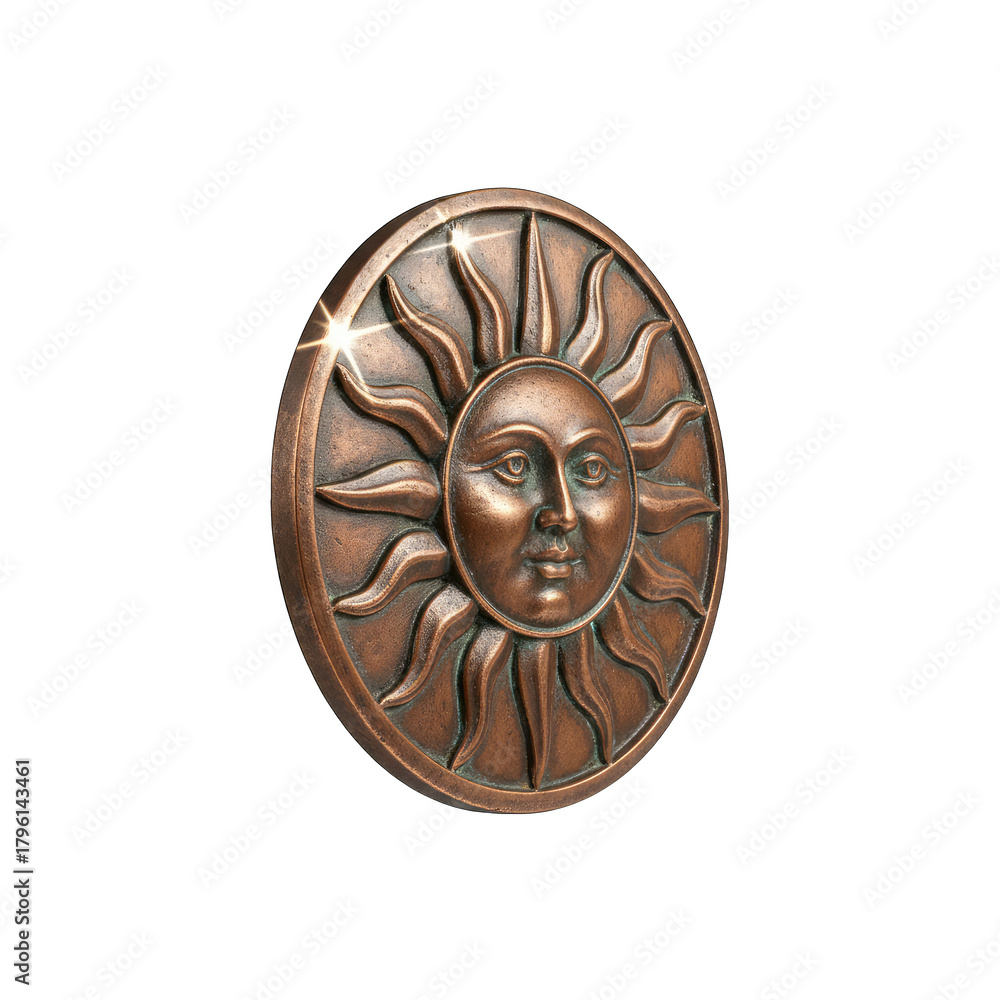 Naklejka premium Round Copper Sun Face Emblem With Detailed Rays And A Human Like Face Centered On A Black Background Illuminated By Dramatic Lighting