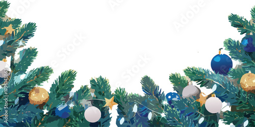 Christmas sale banner. Christmas tree corner frame with ornaments, Christmas lights. Blue and white glitter decoration. Christmas Sale shiny typography. For winter season promotions. Vector. 