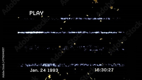 PLAY starting, tracking flickering, gold stars drifting, timecode advancing, creating retro tape
