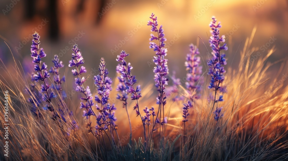 Obraz premium Soft Purple Wildflowers Blooming in Golden Field at Sunrise Creating a Serene and Tranquil Natural Landscape Scene for Relaxation and Beauty