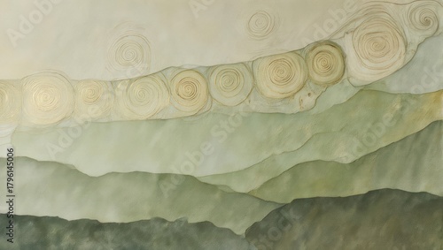 Abstract Watercolor Landscape with Circular Patterns in the Sky.