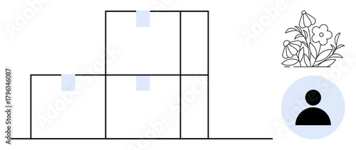 Three stacked boxes with labels, a blooming flower, and a human profile icon. Ideal for storage, growth, planning, management, creativity nature teamwork. Simple flat metaphor