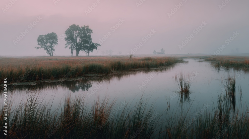 Fototapeta premium Serene Misty Landscape with Silhouetted Trees and Calm Water Reflections in Early Morning Light