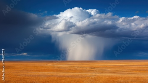 Wallpaper Mural Majestic Cloud Formation with Dramatic Rainfall Over Golden Field Under a Captivating Blue Sky in a Serene Landscape Torontodigital.ca