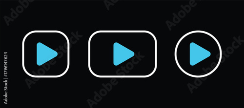 Cyan play button set. Includes play button in square, rectangle and circle outline frames.