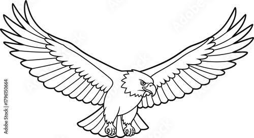 Eagle in flight, fierce predator, majestic bird, detailed feathers, sharp talons, wildlife illustration, black and white, powerful wings, nature art, hunting pose