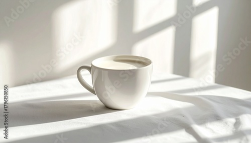 Wallpaper Mural A serene morning scene with a single white ceramic mug of fresh milk, bathed in bright natural sunlight, casting intriguing geometric shadows on a clean, simple white background Torontodigital.ca