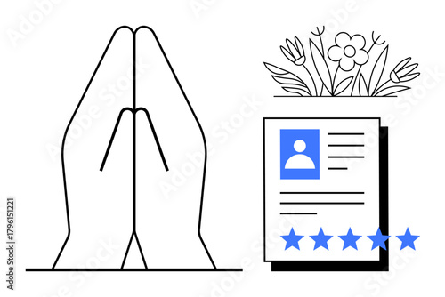 Praying hands next to a personal profile showing user details and 5 stars underneath. Flowers added for sincerity and respect. Ideal for gratitude, feedback, profiles, ratings, spirituality