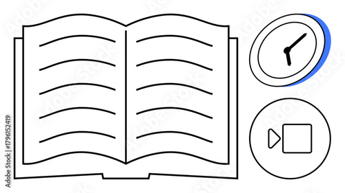 Open book with visible lines, clock showing time, and a video play button. Ideal for education, learning, time management, multimedia tools, digital resources, self-improvement simple flat metaphor