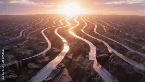 Aerial view of winding rivers at sunset, creating a path to the light.