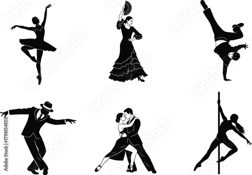 Dance silhouette vector illustration showing ballet, flamenco, breakdance, tango, jazz, and pole dance performers, perfect for dance studio posters, choreography, and artistic design themes