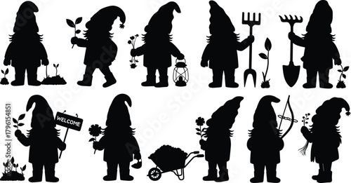 Cute garden gnomes silhouette collection with flowers, plants, tools, wheelbarrow, and welcome sign, adorable gardening dwarf characters vector illustration design
