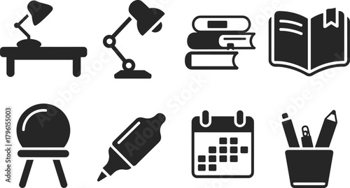 Education and study equipment vector icons collection, desk lamp, books, calendar, marker, pencil holder, and board illustration for learning concept design
