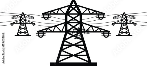 Electric transmission tower vector illustration showing high voltage power lines, energy distribution network, industrial electricity infrastructure and utility engineering concept design