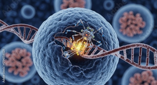 Microscopic mechanism modifies the molecular structure of a genetic sequence within a biological cell