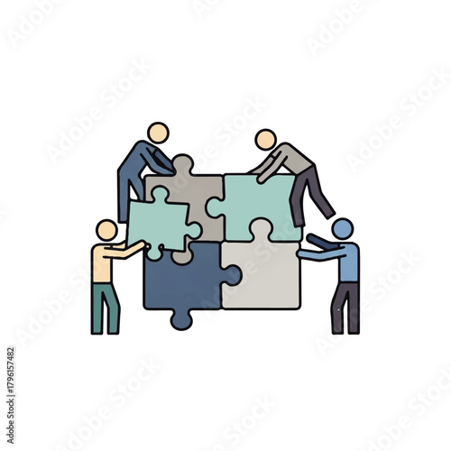 Illustrative depiction of four diverse individuals collaboratively assembling a puzzle, symbolizing teamwork and problem-solving in a flat, minimalist 2D vector style