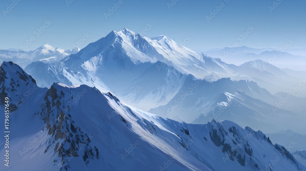Fototapeta premium Majestic Snow-Covered Mountains Under Clear Blue Sky with Soft Clouds and Breathtaking Scenic View in Background Ideal for Adventure and Travel Content