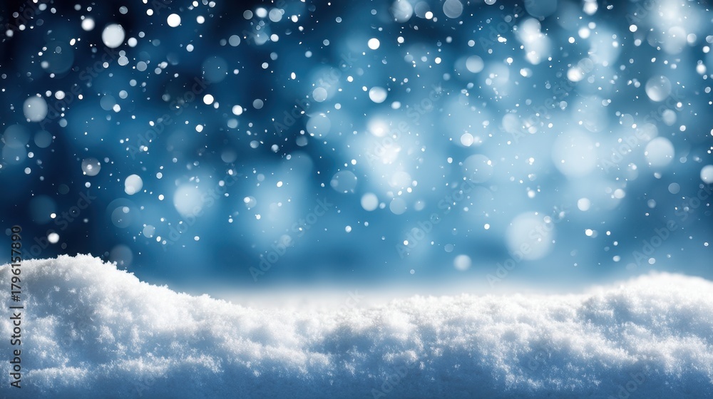 Fototapeta premium Beautiful Winter Snowfall Background with Soft Snow Layer and Bokeh Effect for Holiday and Seasonal Themes in Cool Blue Tones