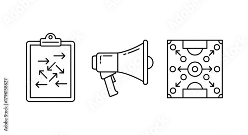 Strategic planning for sports success, including tactics board, megaphone, and field layout.