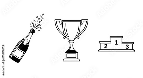 Celebration icons: champagne bottle popping, trophy, and winner's podium