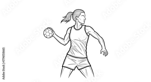 Female athlete poised to throw a handball, showcasing focus and athletic stance