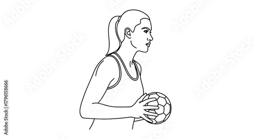 Focused female athlete in athletic wear holding a ball, ready for action.