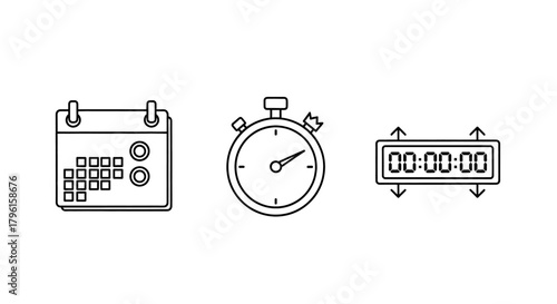 Icons representing time management, scheduling, and deadlines with a calendar, stopwatch, and digital timer.
