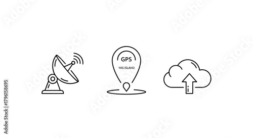 Digital navigation and data transfer icons: satellite dish, GPS pin, and cloud upload