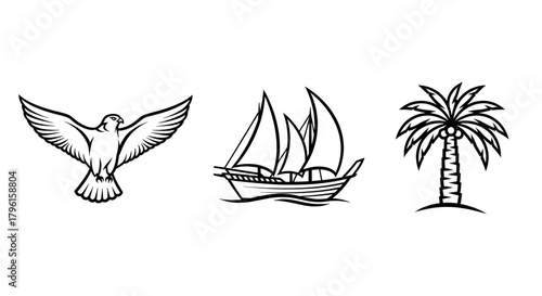 Majestic falcon soaring over a traditional dhow boat and a solitary palm tree against a clean background.