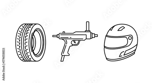 Iconic elements for racing and action, including a tire, a stylized weapon, and a helmet.