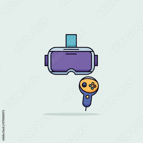 Immersive virtual reality headset and game controller, flat minimal 2d vector illustration
