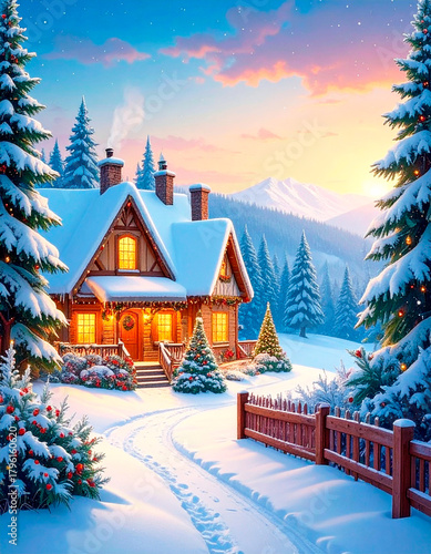 Paisaje de navidad con una casa cubierta de nieve y pinos de fondo.